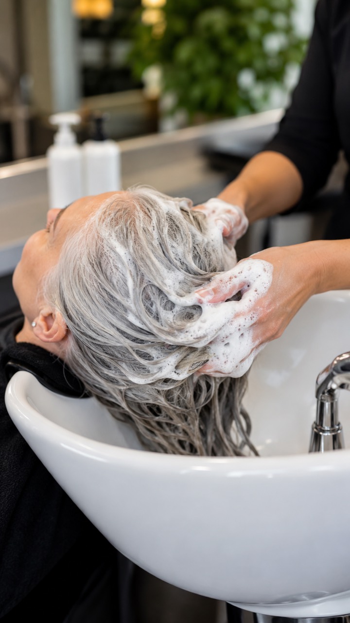 A hairstylist cleansing silver-gray hair at a shampoo basin