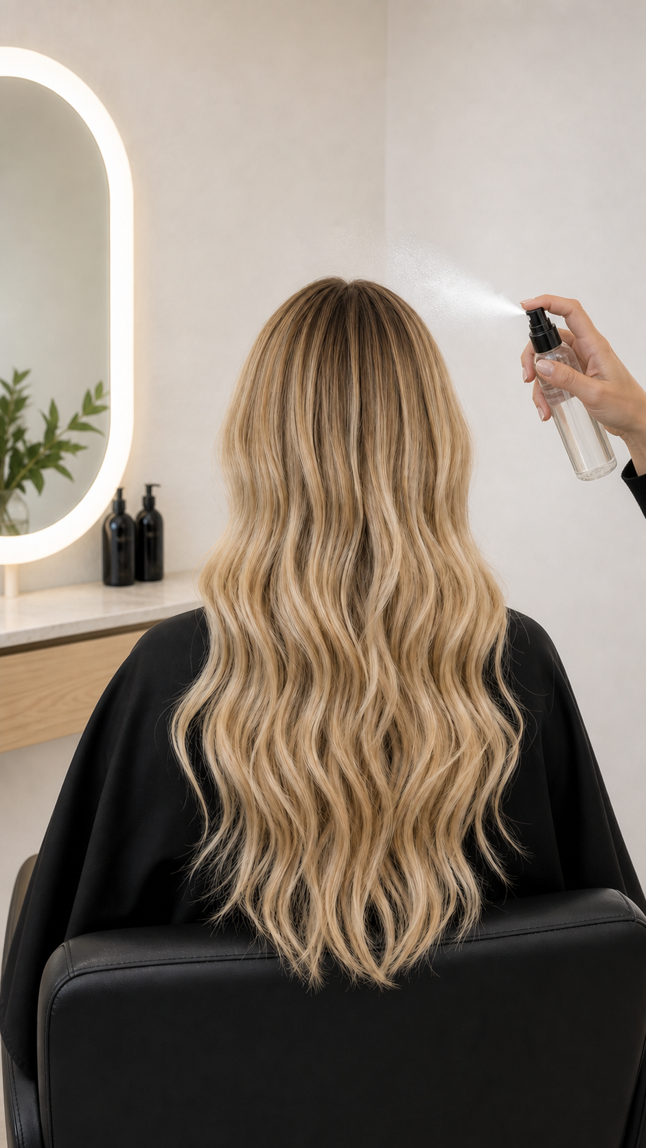 Finished champagne-blonde hair receiving a light protective mist