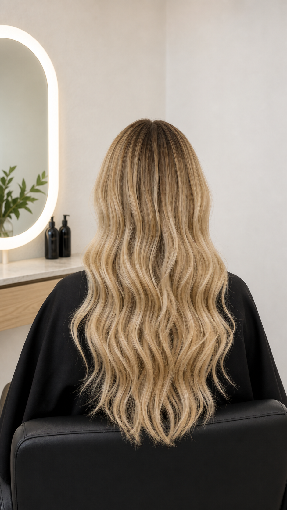 Dimensional champagne-blonde hair in the EuroStylist signature salon suite